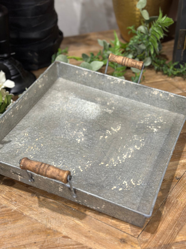 13” Metal Tray with Wooden Handle