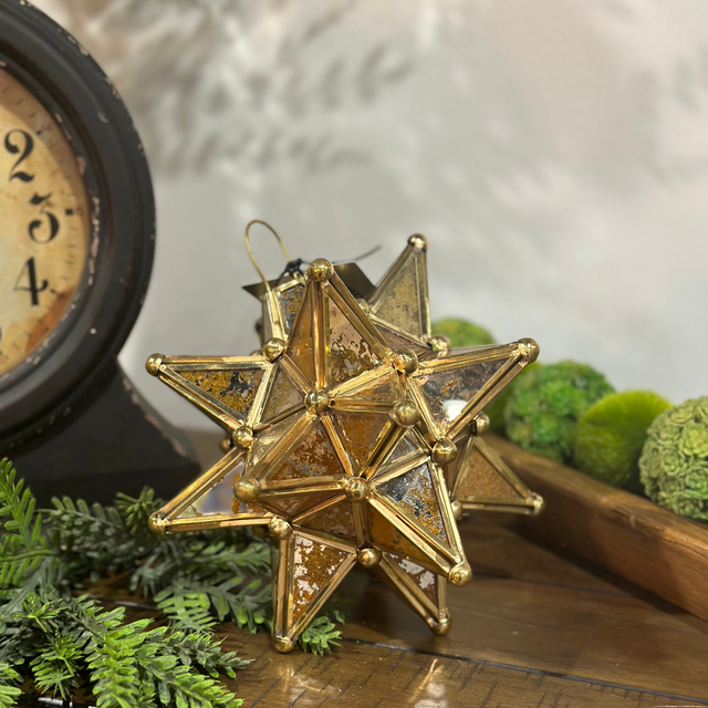 6” Gold Metal/Glass Star Lantern