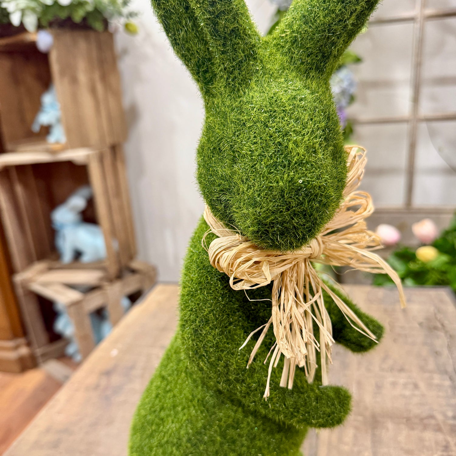 16" Moss Rabbit w/Raffia Bow | Easter Bunny Decor (Sold Individually)