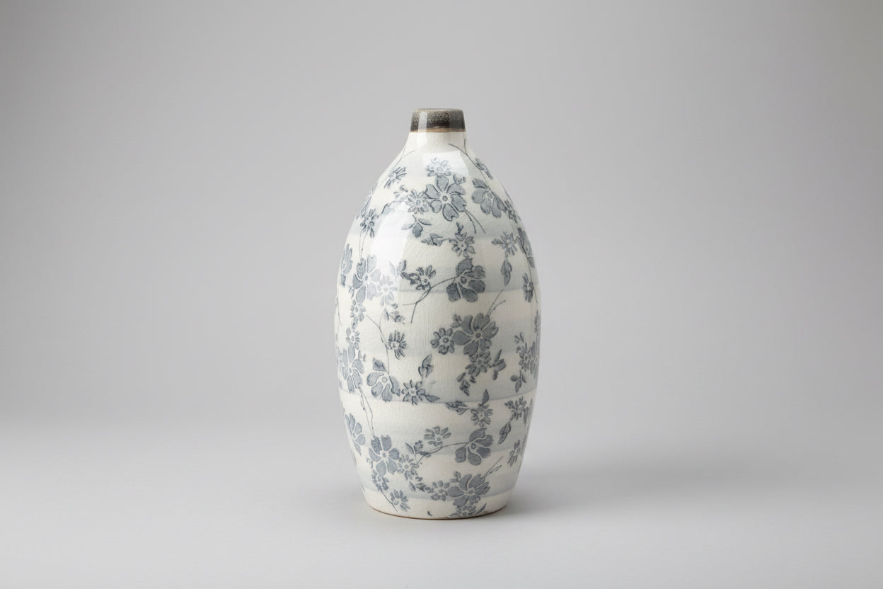 12" Ceramic Cream Crackle with Gray Floral Vase