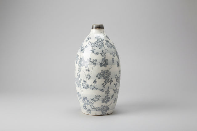 12" Ceramic Cream Crackle with Gray Floral Vase