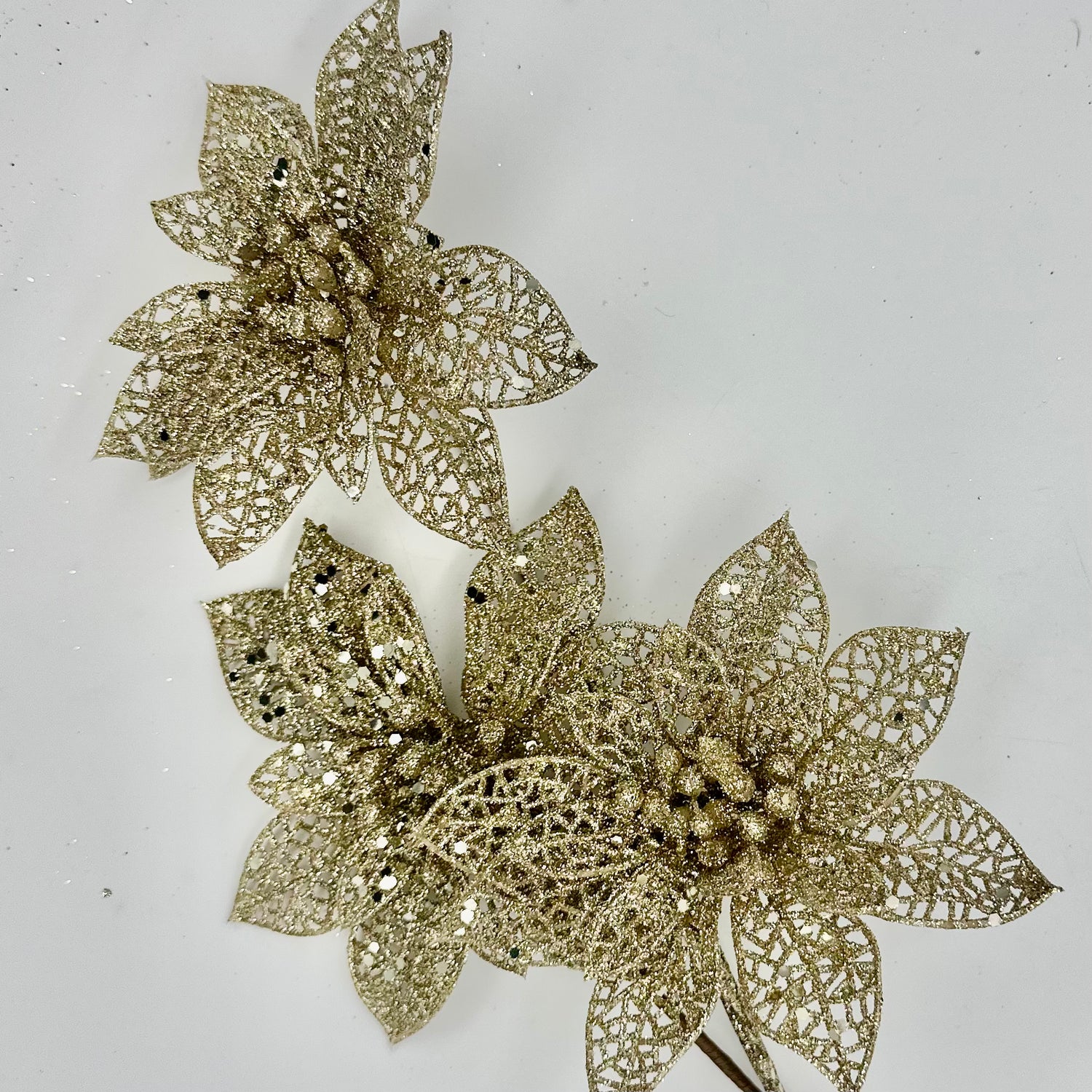 19" Champagne Glitter Triple Poinsettia Spray