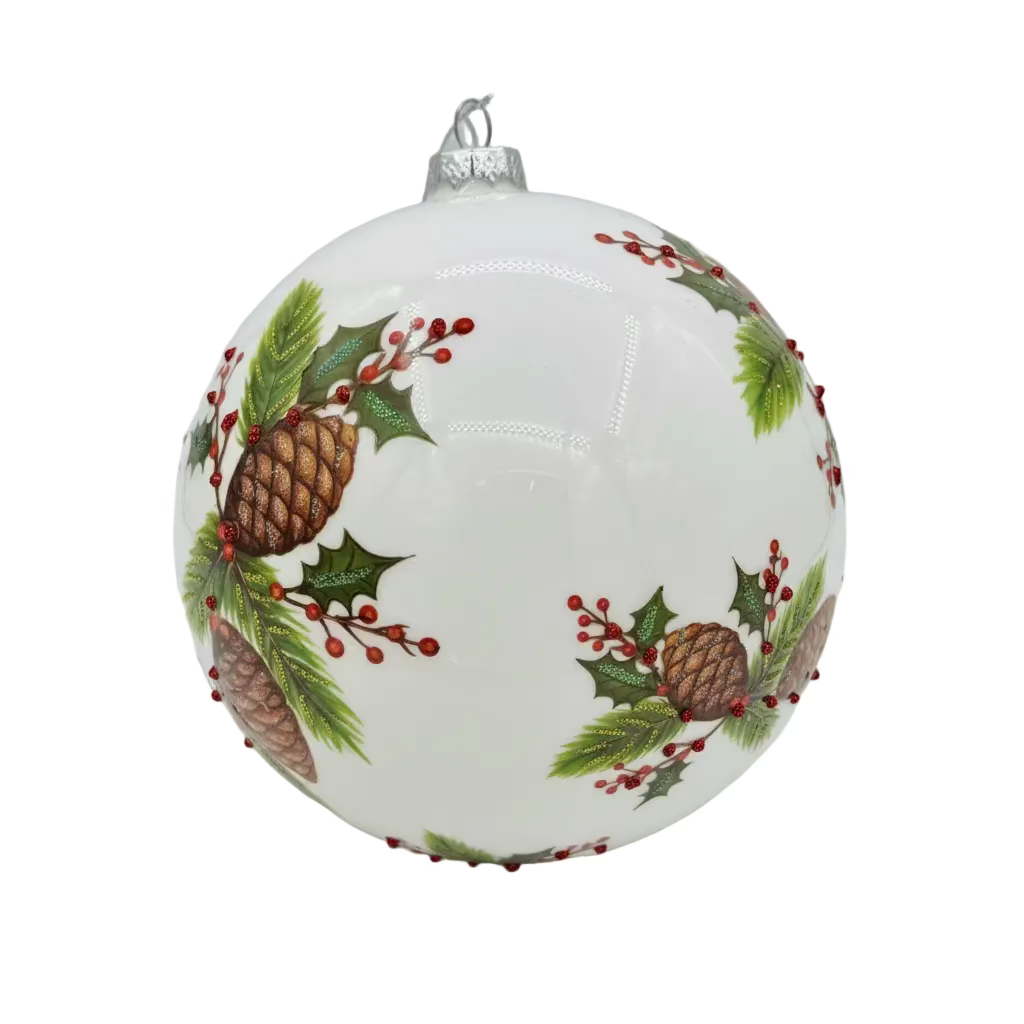 6"Milk Glass Pine and Holly Branch Ball Ornament