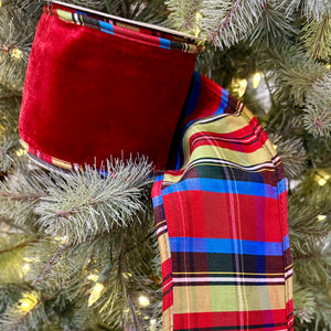 2.5" | 4" x 10YDS Sheldon Red Velvet Ribbon with Plaid Backing & Piping