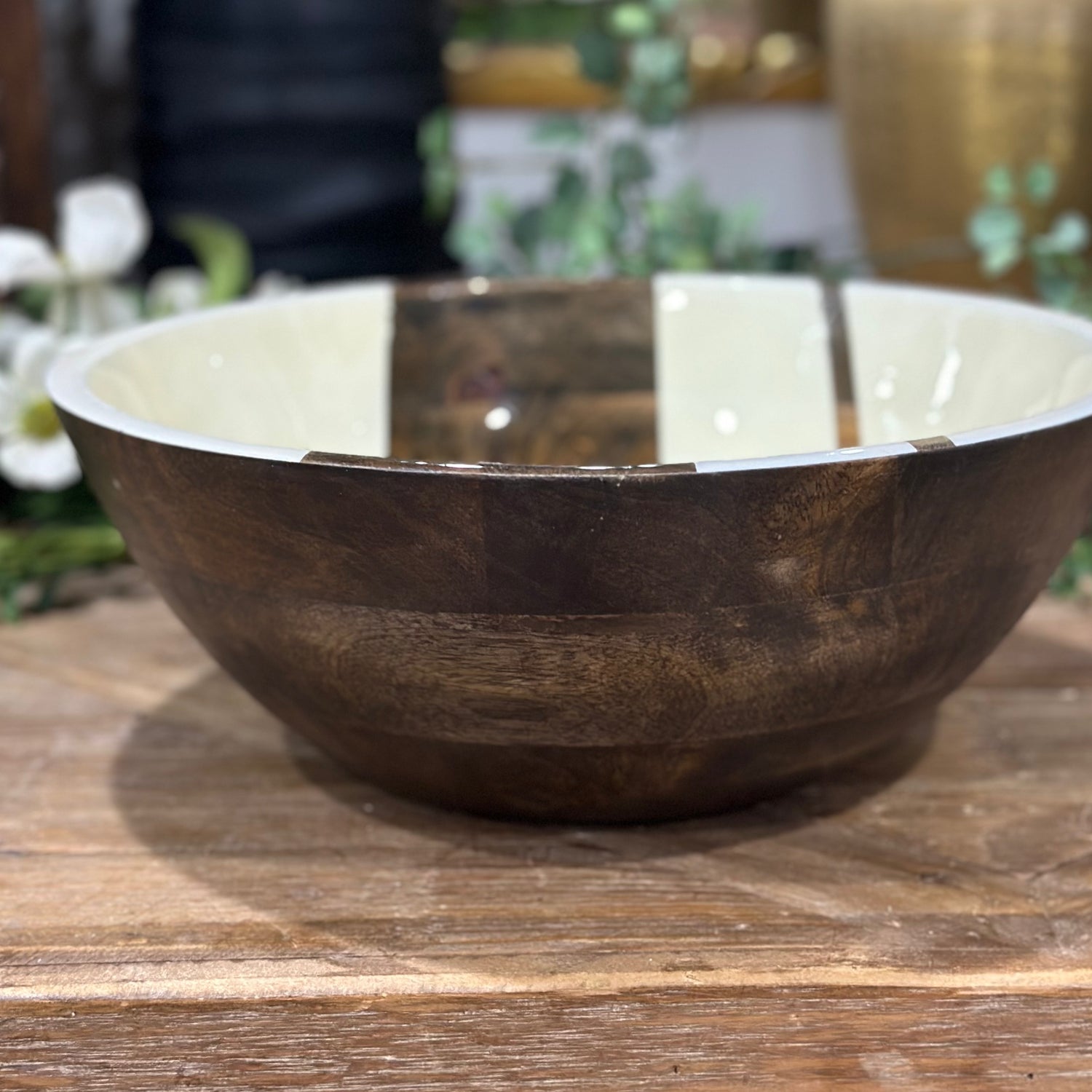 12” Round Mango Wood Enameled Striped Bowl