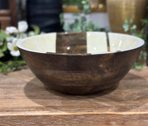 12” Round Mango Wood Enameled Striped Bowl