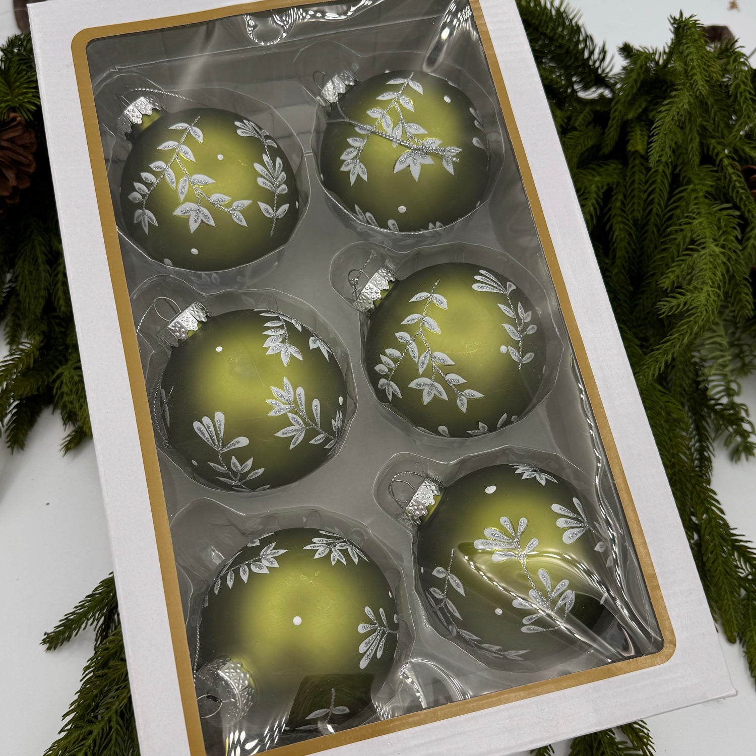 3" Glass Leaf Design Ball - Green Set of 6