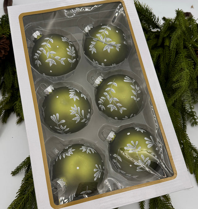 3" Glass Leaf Design Ball - Green Set of 6