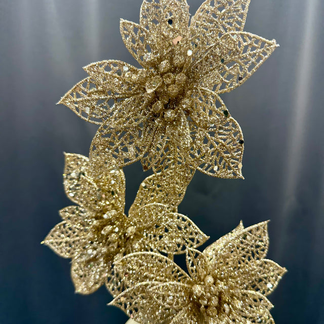 19" Champagne Glitter Triple Poinsettia Spray