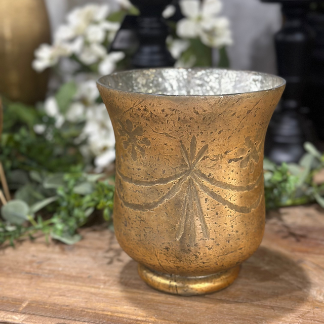 8" Antique Bronze Etched Pattern Hurricane Candle Holder