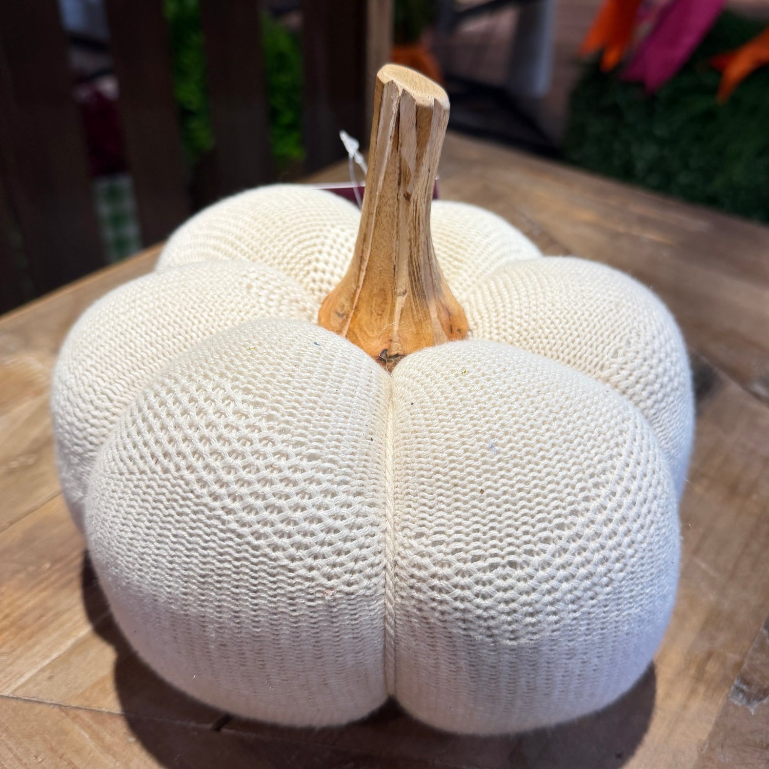 8.25"/6.5" Cream Knit Pumpkins with Wood Stem | Set of 2