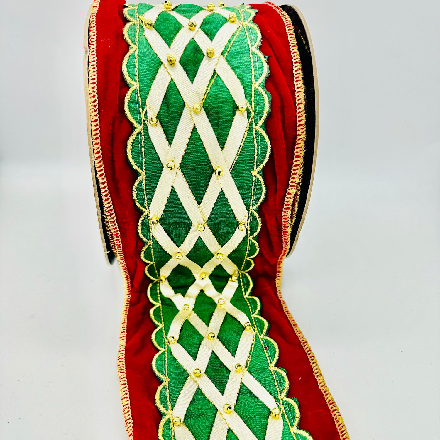 4" Red/Green/Gold Velvet Cross Grain Ribbon- 5 Yards