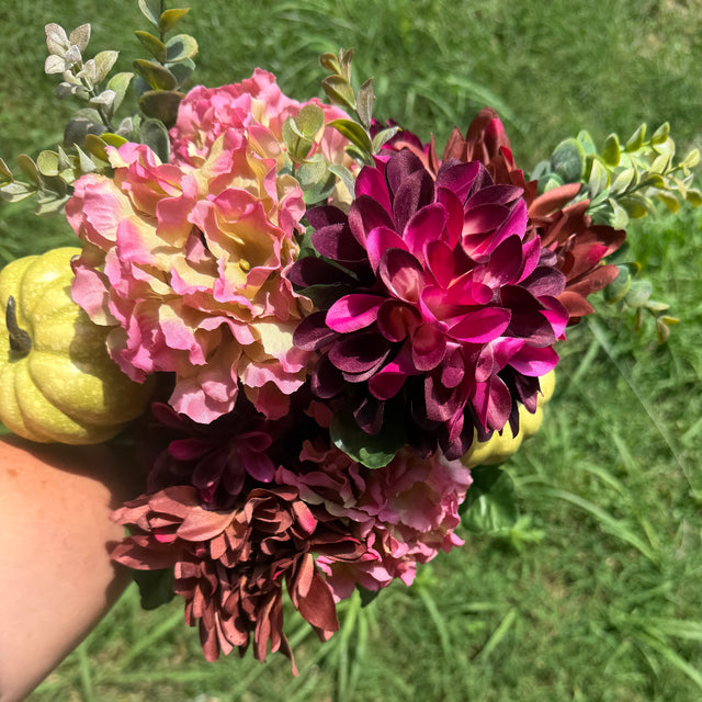 21" Dahlia, Hydrangea, & Pumpkin Bush | Burgundy, Pink, Green