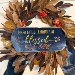 6" x 56" Velvet Embroidered "Grateful Thankful Blessed" Banner