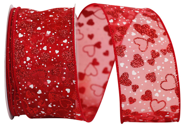 2.5" Red Sheer Glitter & White Hearts Wired Ribbon | 20 Yards