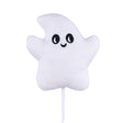 Plush ghost toy on a stick against a light purple background