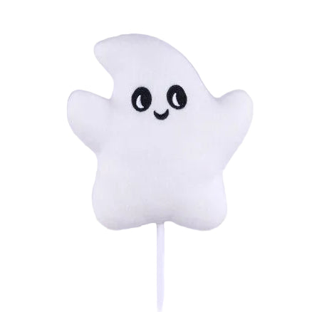 Plush ghost toy on a stick against a light purple background