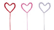 Three heart-shaped beaded picks on sticks, shown in red, pink, and silver, isolated on a white background.