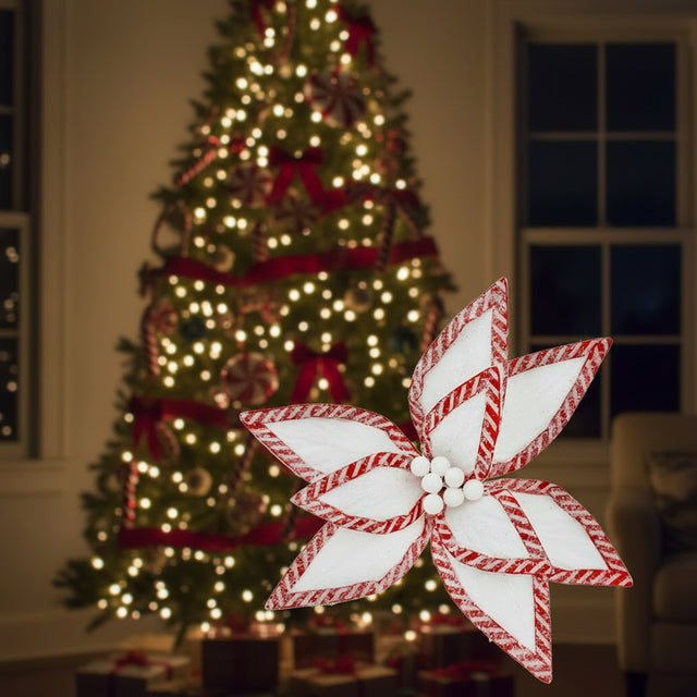14" White Frosted Velvet Poinsettia with Candy Cane Border