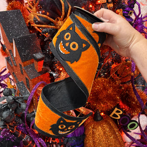 4" x 5YDS Halloween Black Cat/Bat Velvet Ribbon in Orange & Black