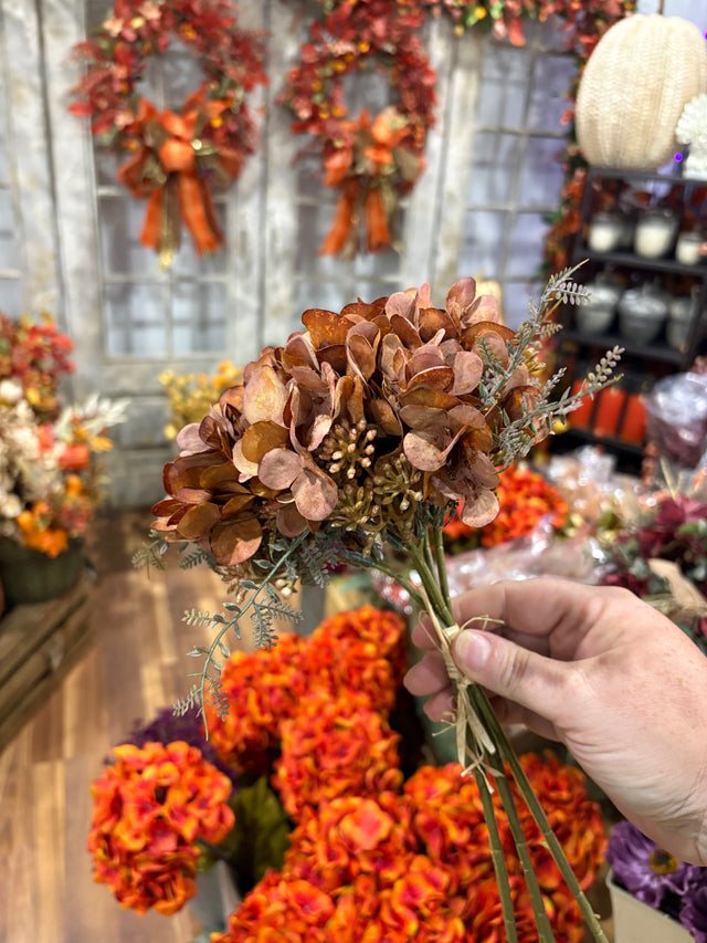 12.5" Hydrangea Bouquet | Burgundy, Brown, and Orange