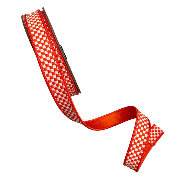 10 Yd x 1" Orange & White Kitschy Check Farrisilk Wired Ribbon
