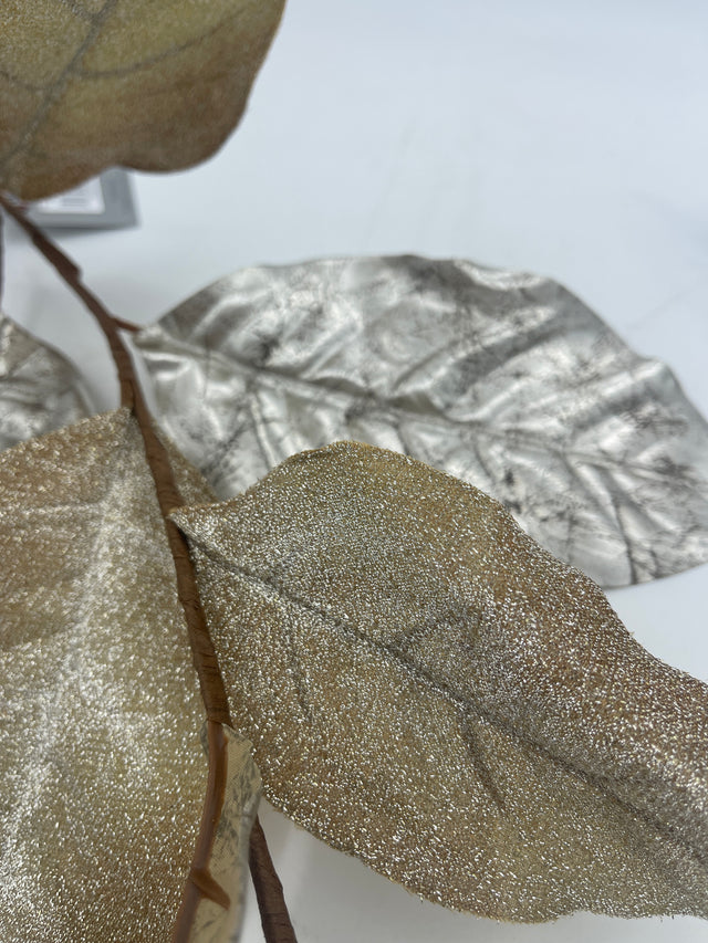 32" Platinum Gold Sparkle Metallic Magnolia Leaf Spray