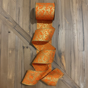 4" x 10yd Taffeta Gold Foil Acanthus Leaf Scroll Ribbon – Orange with Gold Back