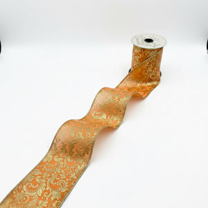 4" x 10yd Taffeta Gold Foil Acanthus Leaf Scroll Ribbon – Orange with Gold Back