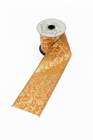 4" x 10yd Taffeta Gold Foil Acanthus Leaf Scroll Ribbon – Orange with Gold Back