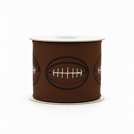 4 inch x 5 yards Football Outlines Deluxe Dupioni Wired Edge Ribbon, Brown