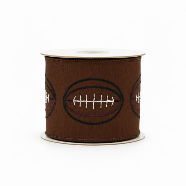 4 inch x 5 yards Football Outlines Deluxe Dupioni Wired Edge Ribbon, Brown