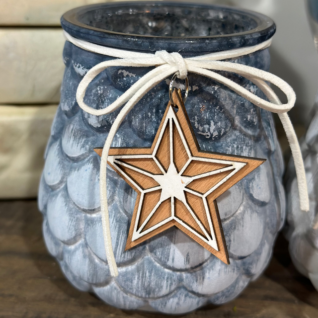 4.5" Tealight Candle Holder Glass Pinecone Wash, Wooden Star Hanger