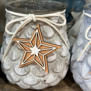 4.5" Tealight Candle Holder Glass Pinecone Wash, Wooden Star Hanger