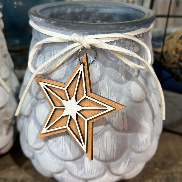 4.5" Tealight Candle Holder Glass Pinecone Wash, Wooden Star Hanger