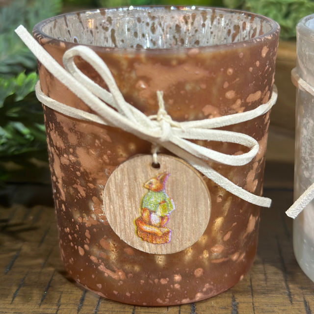 3" Tealight Candle Holder | Glass Antique With Tag With Woodland Animal