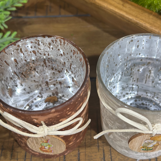 3" Tealight Candle Holder | Glass Antique With Tag With Woodland Animal