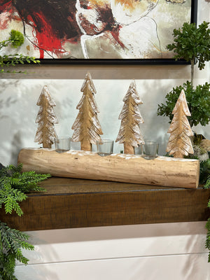 14.5"Carved Wood Fir Forest Votive Holder