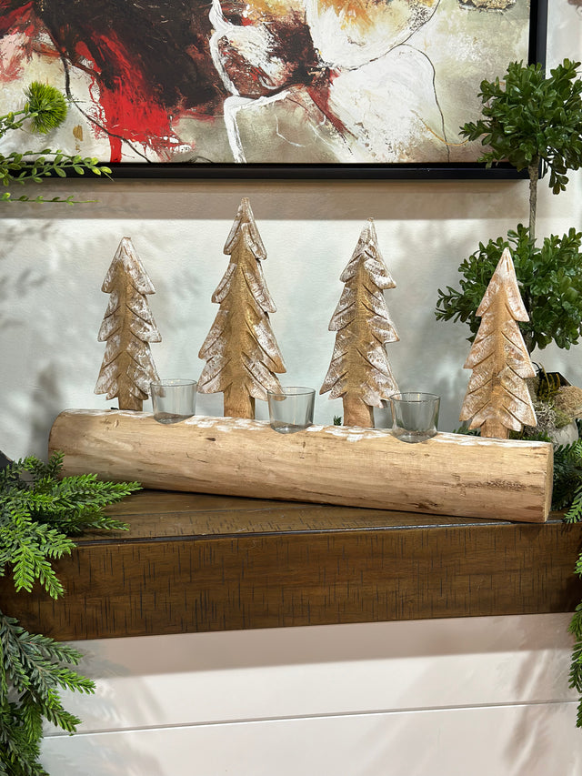 14.5"Carved Wood Fir Forest Votive Holder