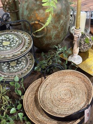 11" Round Wood & Seagrass Tray