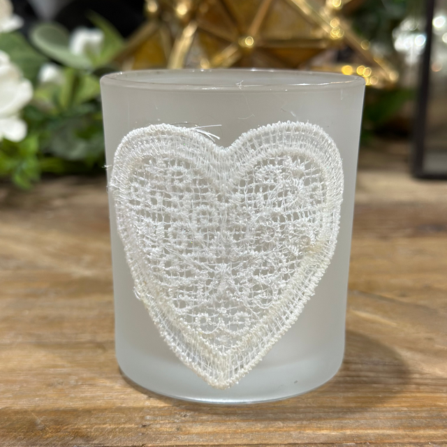 3" Tealight Candle Holder Glass Matt Lace Heart With Glitter