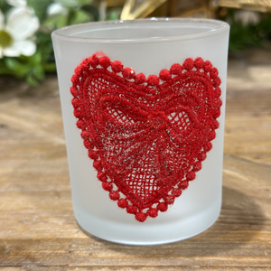 3" Tealight Candle Holder Glass Matt Lace Heart With Glitter