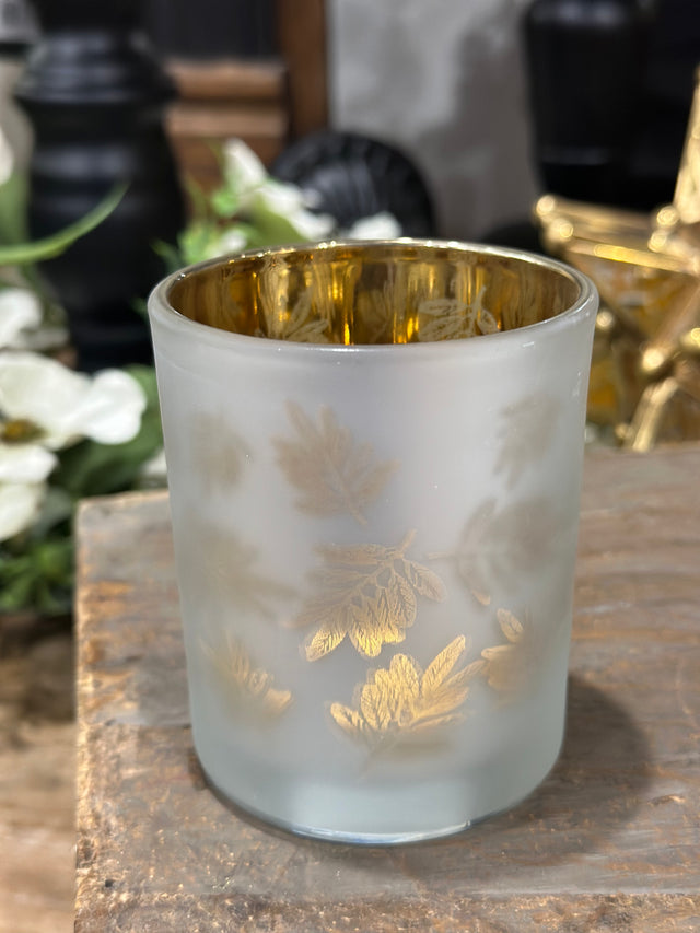 3" Tealight Candle Holder Glass Matte Laser Leaves