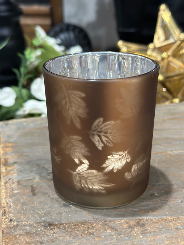 3" Tealight Candle Holder Glass Matte Laser Leaves