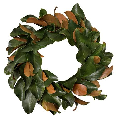 Green magnolia wreath with brown accents on a white background