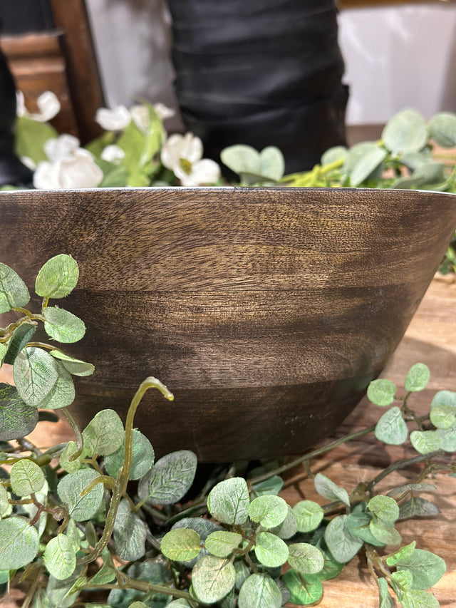 9.5” Round Mango Wood Enameled Striped Bowl