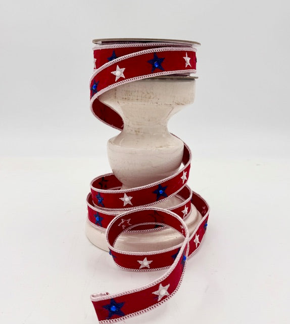 1"x10YDS Red Embroidered Star Ribbon with Gems