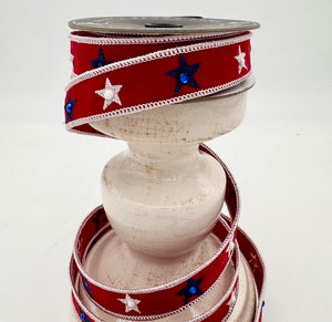 1"x10YDS Red Embroidered Star Ribbon with Gems