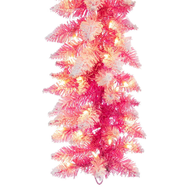 9' x 12" Flocked Pink Pencil Fir Artificial Pre-Lit Garland