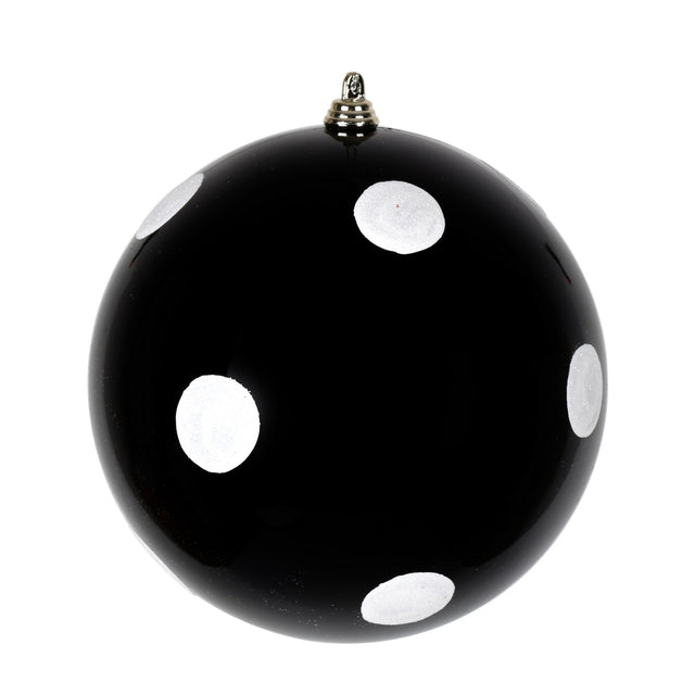 6" Black Candy Finish with White Glitter Dots Ball Ornament- Bag of 4